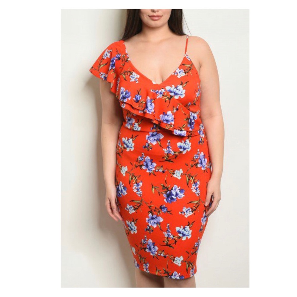 Orange Red Floral Ruffle Dress 3x